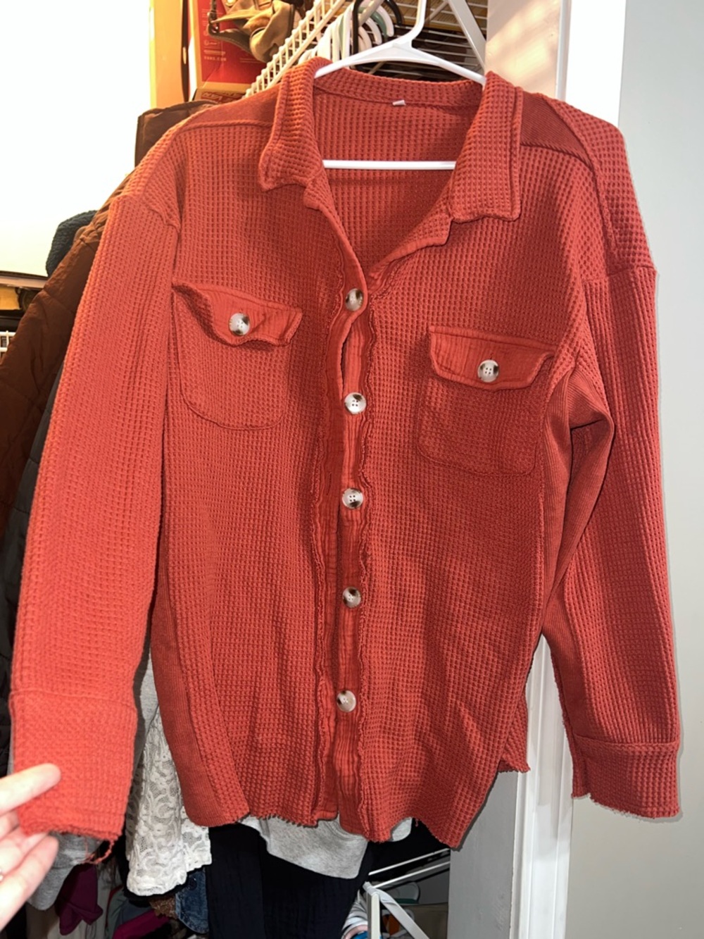 Rust Waffle Knit Button-Up Shirt Jacket